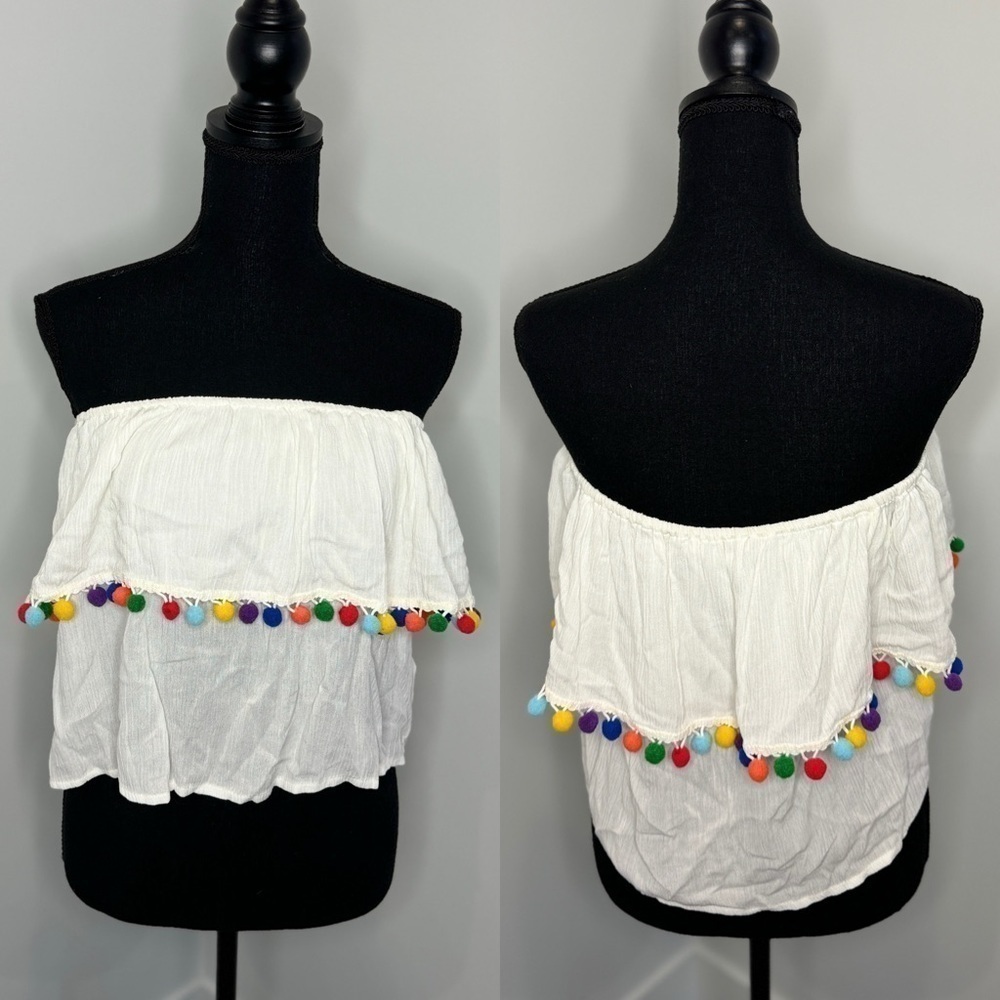 Forever21 Contemporary Woven White Off Shoulder Pom Pom Top (S)